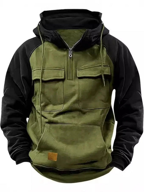 Hoodie Sweatshirt with Half Zip Workwear Multiple Pockets outdoor equipment BushLine S Green & Black