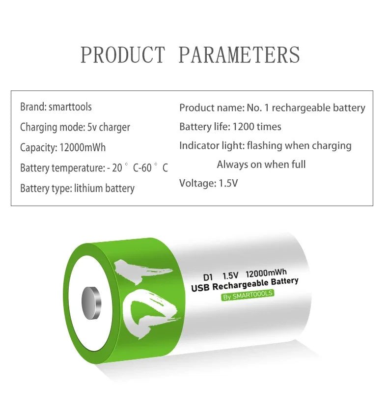 D1 USB 1.5V 12000mWh rechargeable lithium-ion battery Rechargeable Batteries BushLine   