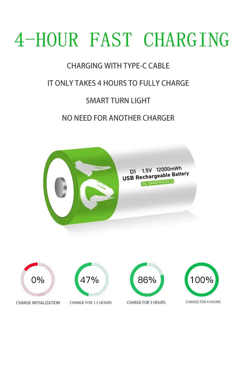 D1 USB 1.5V 12000mWh rechargeable lithium-ion battery Rechargeable Batteries BushLine   