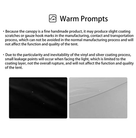 Supplier notice about coating scratches and small light leakage points in the tent's silver coating.