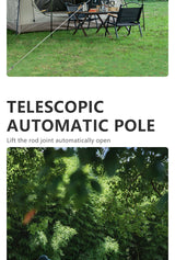 Camp chairs and a table set up outside the tent, above a panel about the telescopic pole.