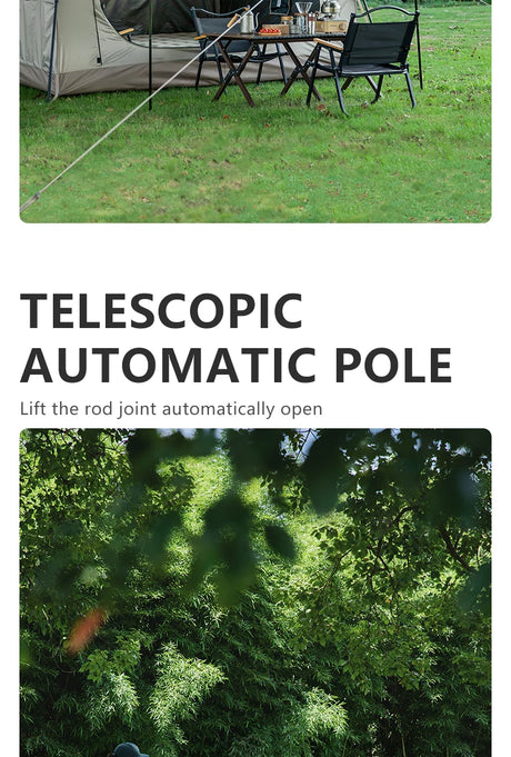 Camp chairs and a table set up outside the tent, above a panel about the telescopic pole.