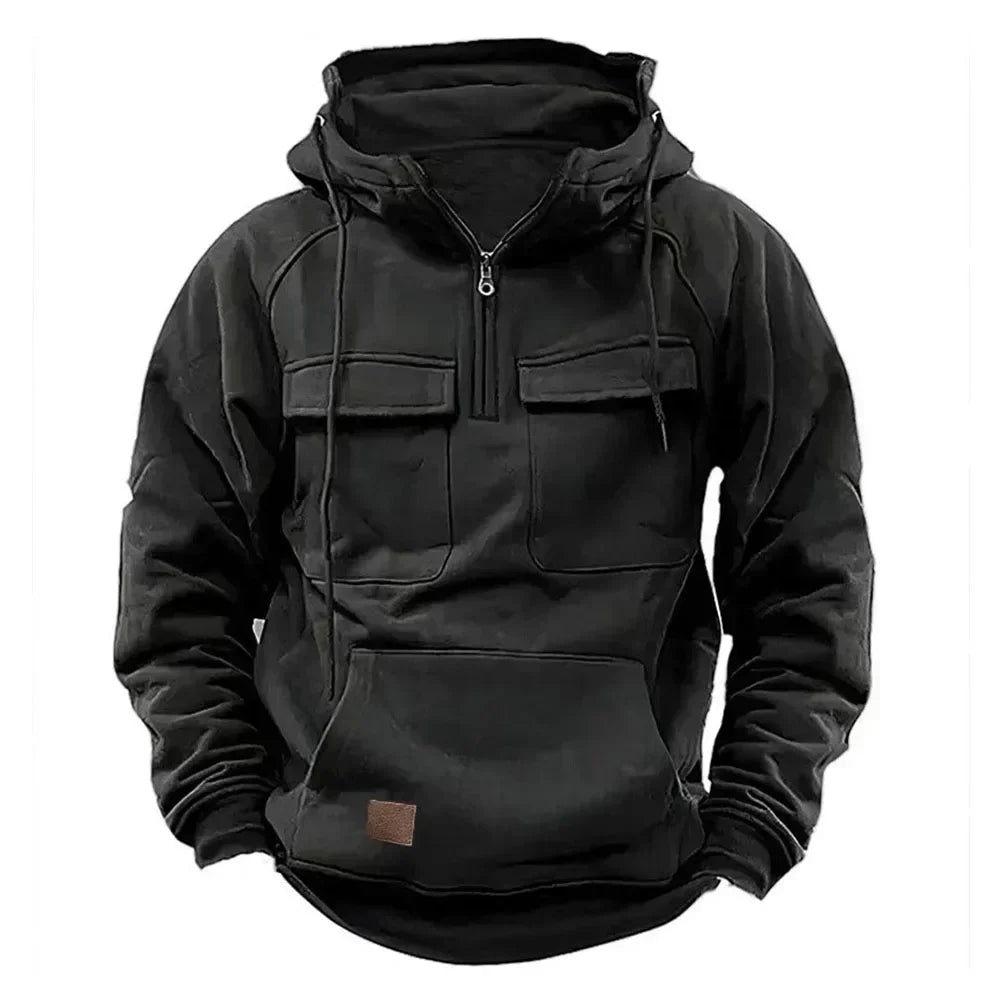 Hoodie Sweatshirt Half Zip with Pockets Solid Color Hoody outdoor equipment BushLine Black XXXL