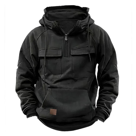 Hoodie Sweatshirt Half Zip with Pockets Solid Color Hoody outdoor equipment BushLine Black XXXL
