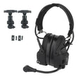 Black headset with its two black rail adapters and four mounting plates laid out.