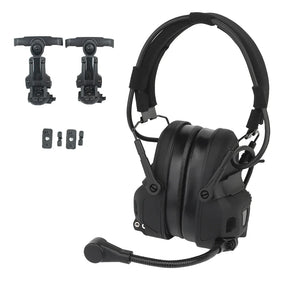 Black headset with its two black rail adapters and four mounting plates laid out.