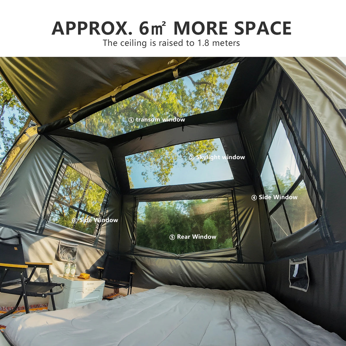 Interior of the cabin tent looking up at the transom, skylight, side and rear windows.