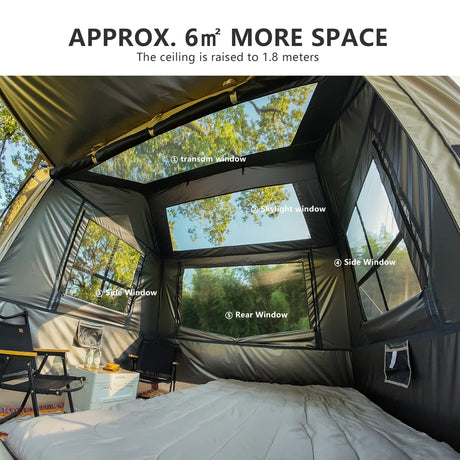 Interior of the cabin tent looking up at the transom, skylight, side and rear windows.