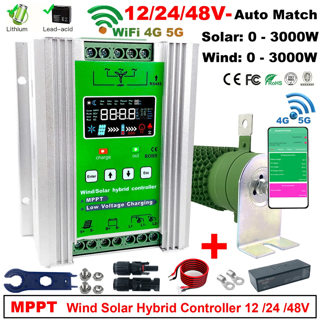 1Kw 2Kw 3Kw Wi-Fi Wind Solar Hybrid Controller MPPT Lifepo4 Wind Power  BushLine