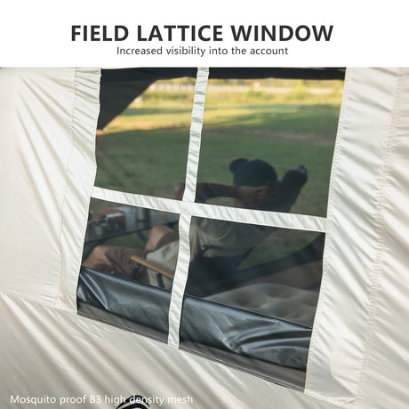 Close-up of the tent's lattice window panel and mesh, viewed from outside the sand coloured wall.