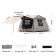 Dimensioned diagram of the tent and canopy in centimetres, with the storage bag, pegs and poles.