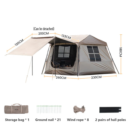 Dimensioned diagram of the tent and canopy in centimetres, with the storage bag, pegs and poles.