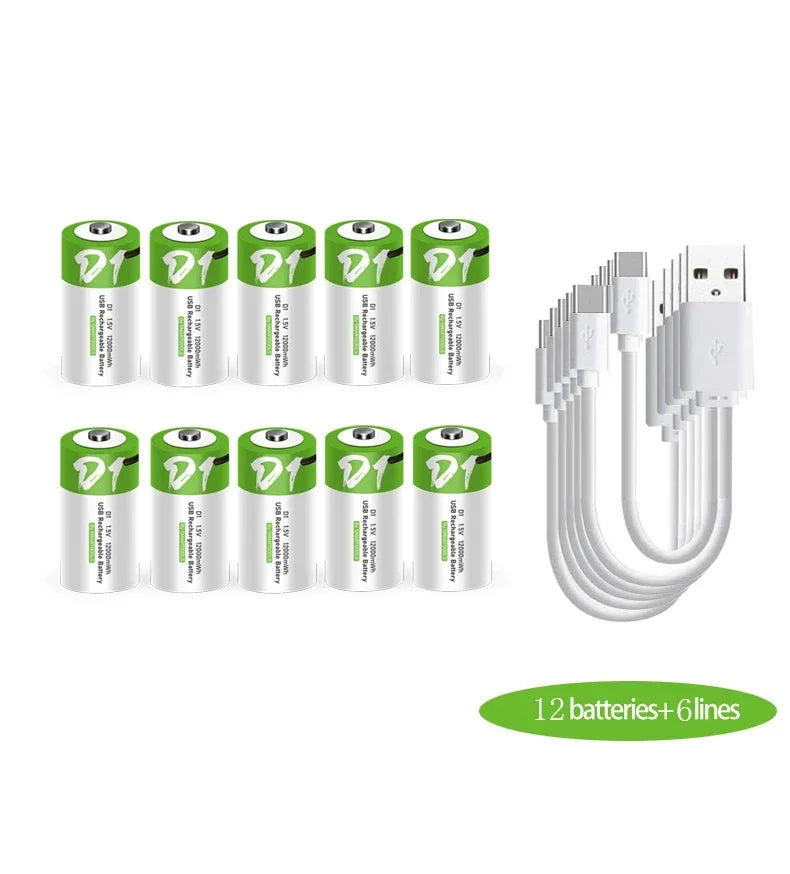 D1 USB 1.5V 12000mWh rechargeable lithium-ion battery Rechargeable Batteries BushLine 12 pcs 1.5V 