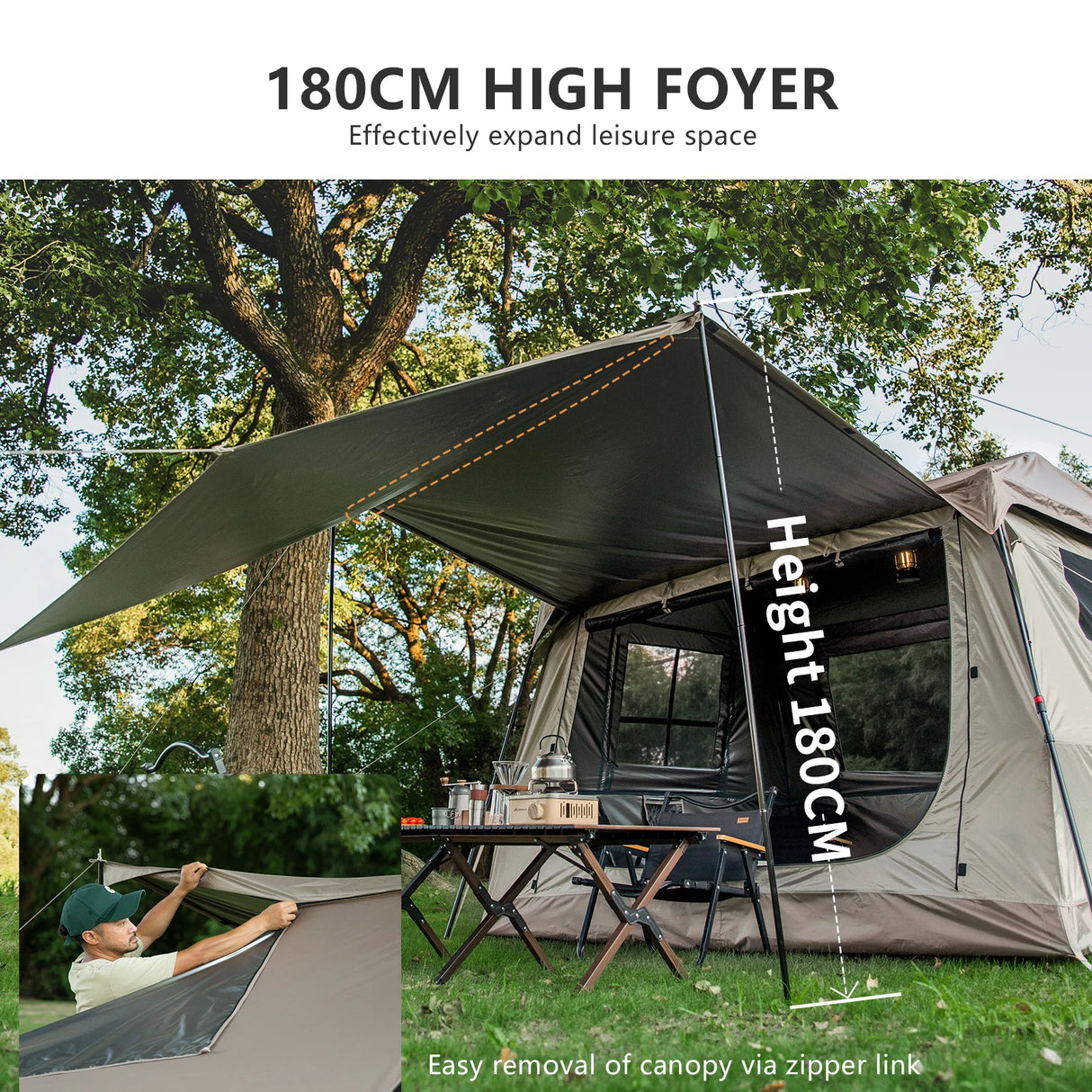 The canopy extended off the tent front on a pole, with the 1.8 m standing height marked.