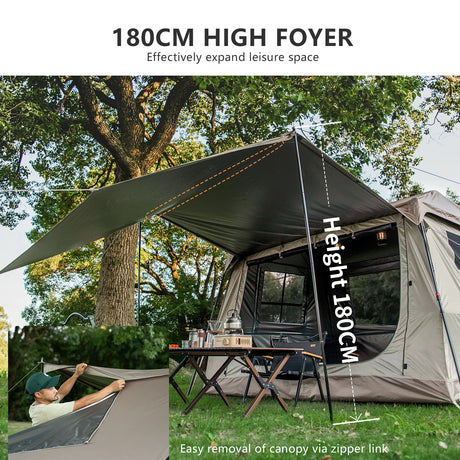 The canopy extended off the tent front on a pole, with the 1.8 m standing height marked.