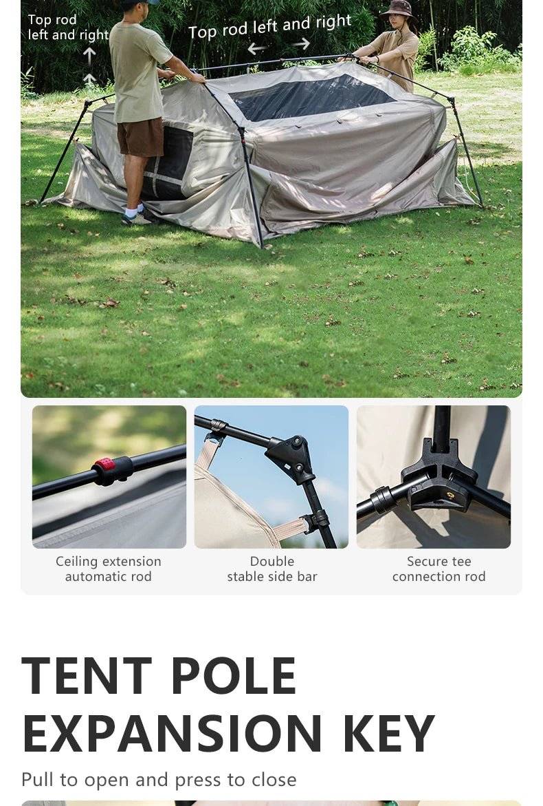 Tent being raised by two people, with detail shots of the ceiling rod, side bar and tee joint.