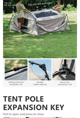 Tent being raised by two people, with detail shots of the ceiling rod, side bar and tee joint.