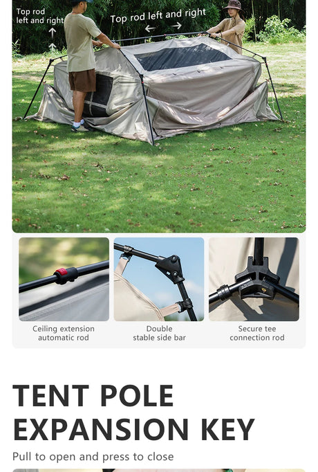 Tent being raised by two people, with detail shots of the ceiling rod, side bar and tee joint.