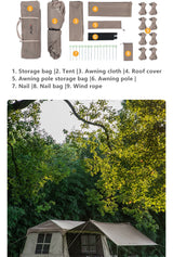 The packed contents laid out: storage bag, tent, awning cloth, roof cover, poles, pegs and ropes.