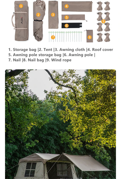 The packed contents laid out: storage bag, tent, awning cloth, roof cover, poles, pegs and ropes.