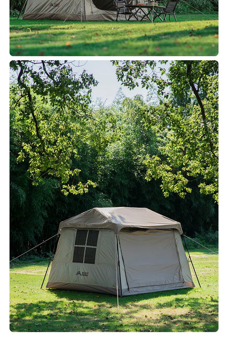 The sand cabin tent pitched in a grassy clearing with guy ropes out and the door panel closed.