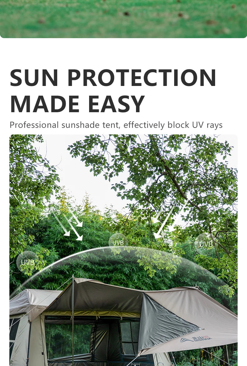 Supplier panel showing the tent canopy from below with arrows illustrating sunlight being blocked.