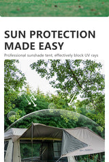 Supplier panel showing the tent canopy from below with arrows illustrating sunlight being blocked.