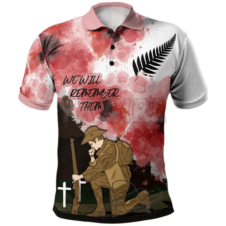 New Zealand Anzac "We Will Remember Them"  3D Polo Tee Shirts Outdoor Shirts & Tops BushLine Pink Poppies US Size 5XL 