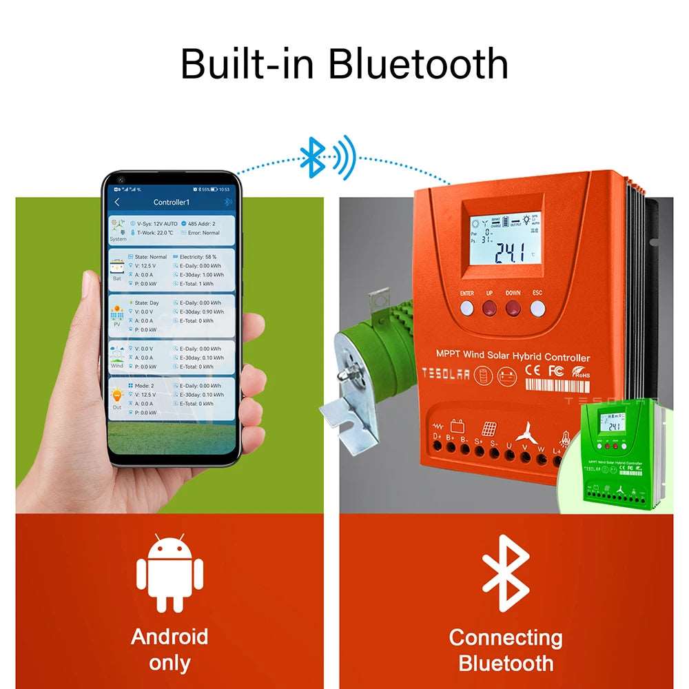 2400W-800W Hybrid Wind Solar Controller MPPT Bluetooth Android Wind Power BushLine   