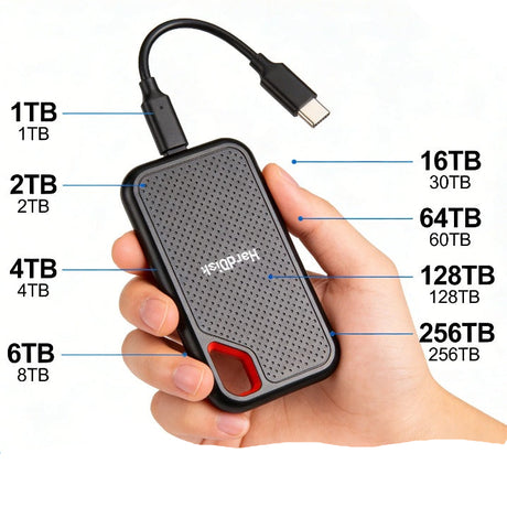 Hand holding a portable hard drive with capacity labels and branding.