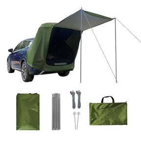 Army green tent with awning extended, and the shell, poles, ropes, pegs and bag laid out below