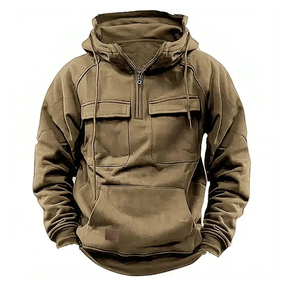 Hoodie Sweatshirt Half Zip with Pockets Solid Color Hoody outdoor equipment BushLine Khaki XL