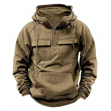 Hoodie Sweatshirt Half Zip with Pockets Solid Color Hoody outdoor equipment BushLine Khaki XL