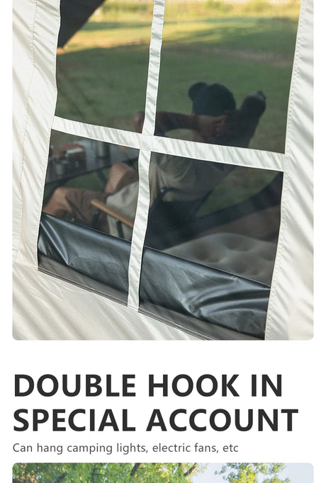 Close-up of the tent's lattice mesh window from outside, mattress and camp chair visible within.