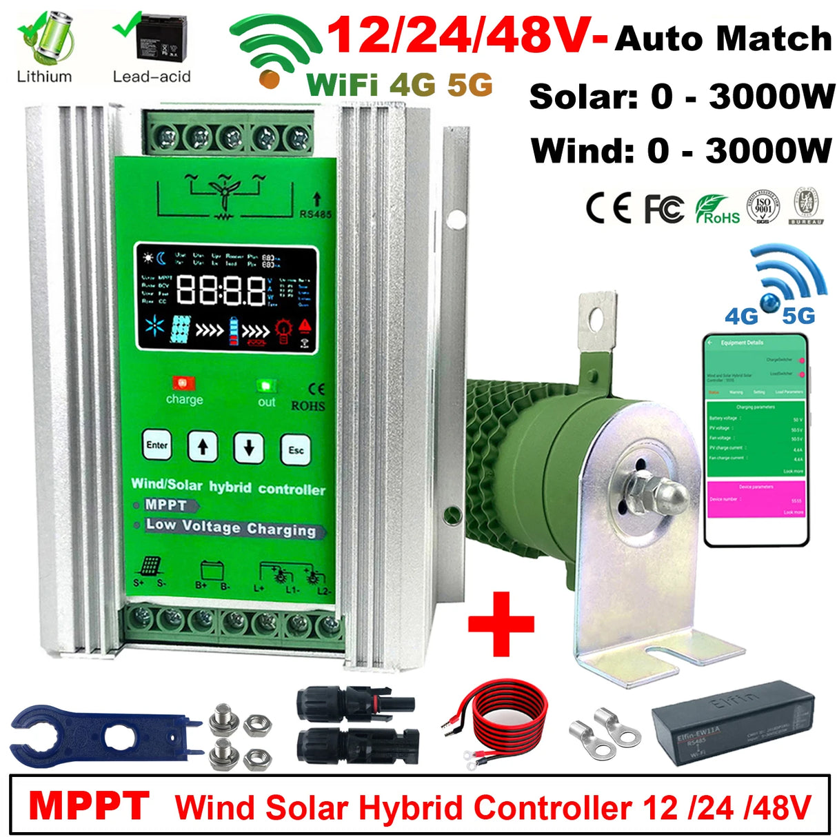 1Kw 2Kw 3Kw Wi-Fi Wind Solar Hybrid Controller MPPT Lifepo4 Wind Power BushLine Wind1000W Solar1000W 12V 24V 48V AUTO With WiFi