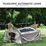 Two people raising the tent by pulling the telescopic top rods out to left and right.