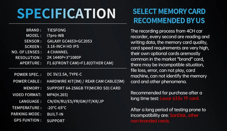 4CH GPS Radar Dash Cam 360° 24H Parking Monitor Smart Technology  Specifications