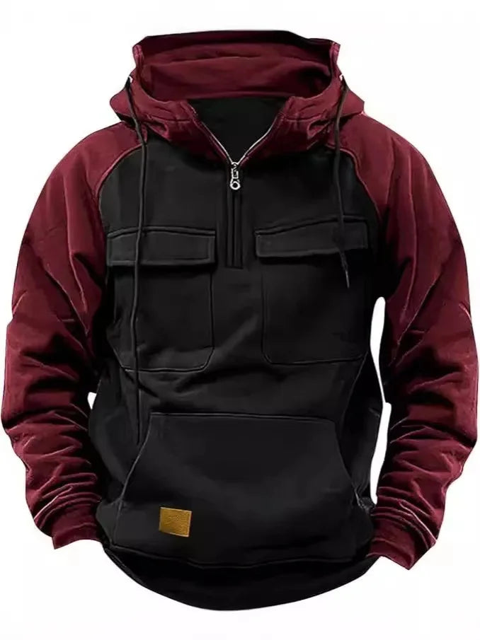 Hoodie Sweatshirt with Half Zip Workwear Multiple Pockets outdoor equipment BushLine S Black & Burgundy