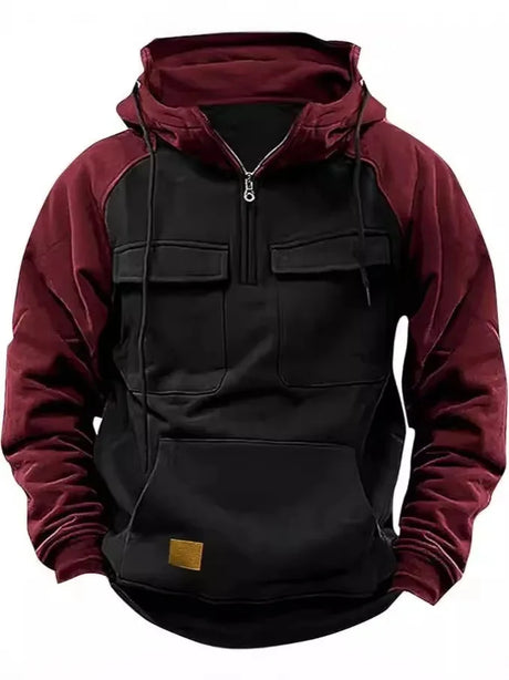 Hoodie Sweatshirt with Half Zip Workwear Multiple Pockets outdoor equipment BushLine S Black & Burgundy