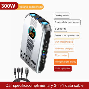 Silver sedan model with its feature list and the bundled three-in-one charging cable