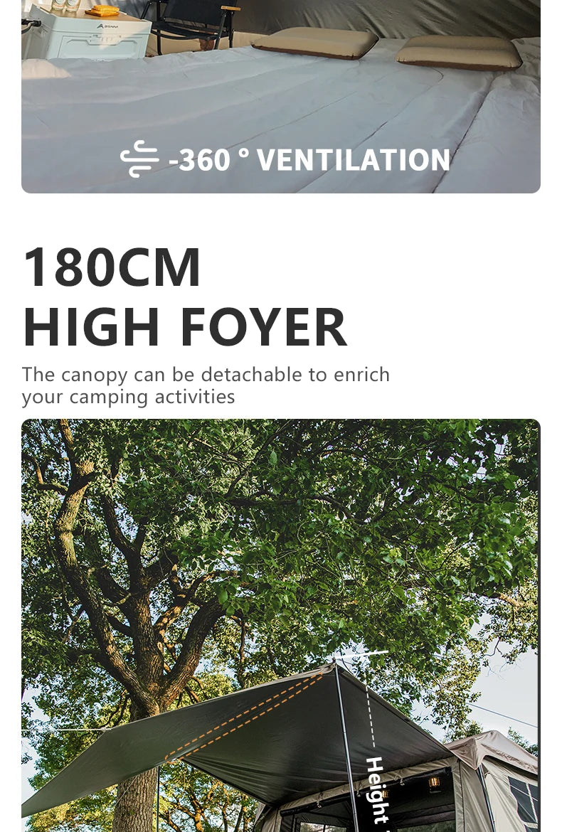 Inflatable mattress and pillows inside the tent, above a shot of the extended front canopy.