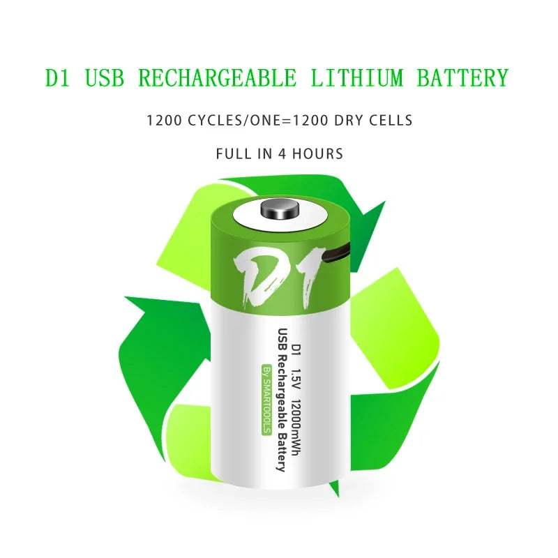 D1 USB 1.5V 12000mWh rechargeable lithium-ion battery Rechargeable Batteries BushLine   