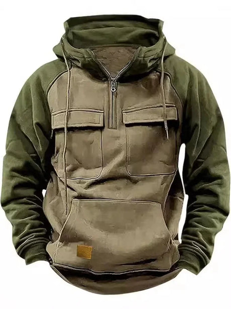 Hoodie Sweatshirt with Half Zip Workwear Multiple Pockets outdoor equipment BushLine S Khaki & Green