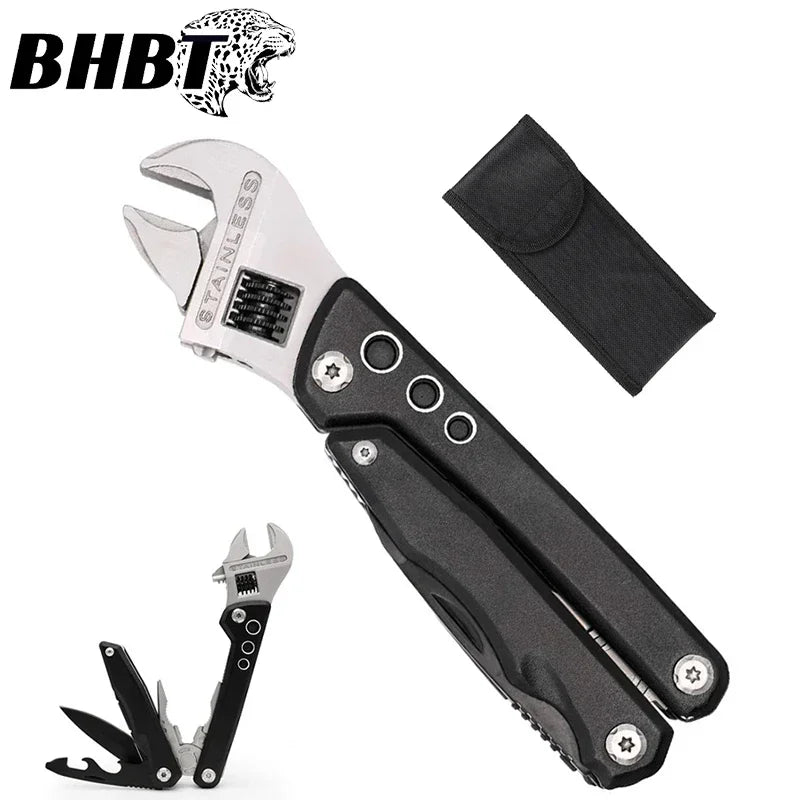 Adjustable Multi functional Wrench Folding Knife Pliers Screwdriver tools BushLine Black