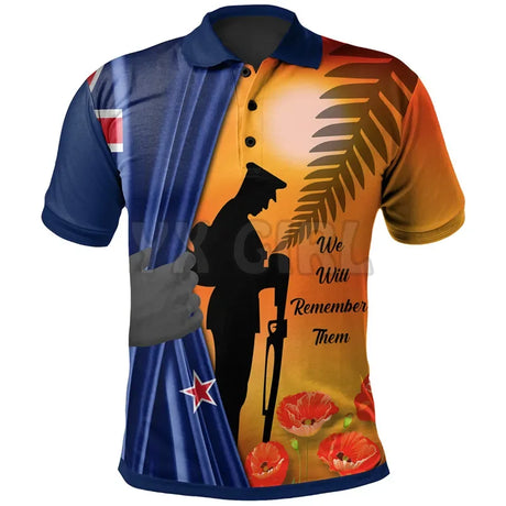 New Zealand Anzac "We Will Remember Them"  3D Polo Tee Shirts Outdoor Shirts & Tops BushLine Blue & Gold US Size 5XL 