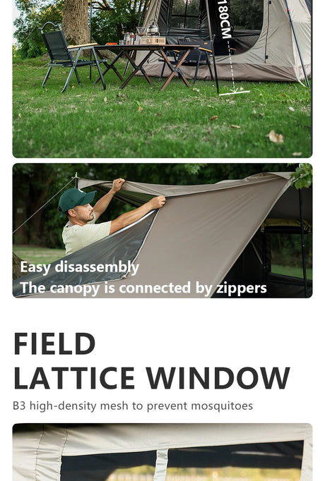 Camp set-up under the extended canopy, with a camper unzipping the canopy from the tent body.