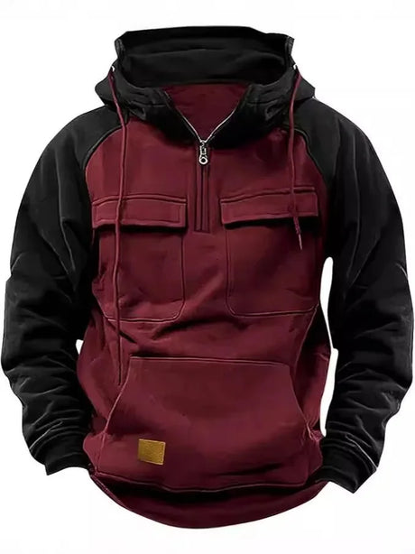 Hoodie Sweatshirt with Half Zip Workwear Multiple Pockets outdoor equipment BushLine S Burgundy & Black