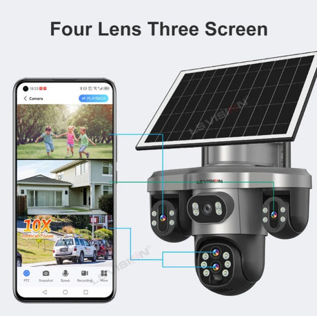 Solar-powered security camera system with four lenses and three screens displayed on a smartphone.