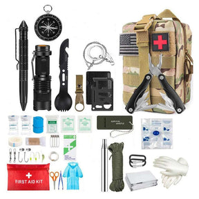 CP multicam Set flat-lay: pouch with subdued flag patch, pliers, torch, paracord, dressings