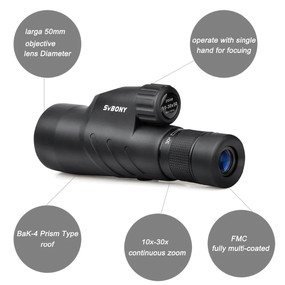 Svbony SV45 Monoculars 10-30 x 50 BAK4 Prism IPx7 Waterproof Optics  BushLine